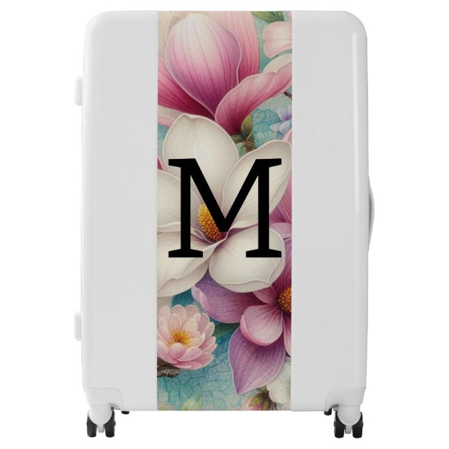 Monogram lace pink purple magnolias flowers  luggage (Front)