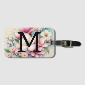 Monogram lace pink purple magnolias flowers luggage tag