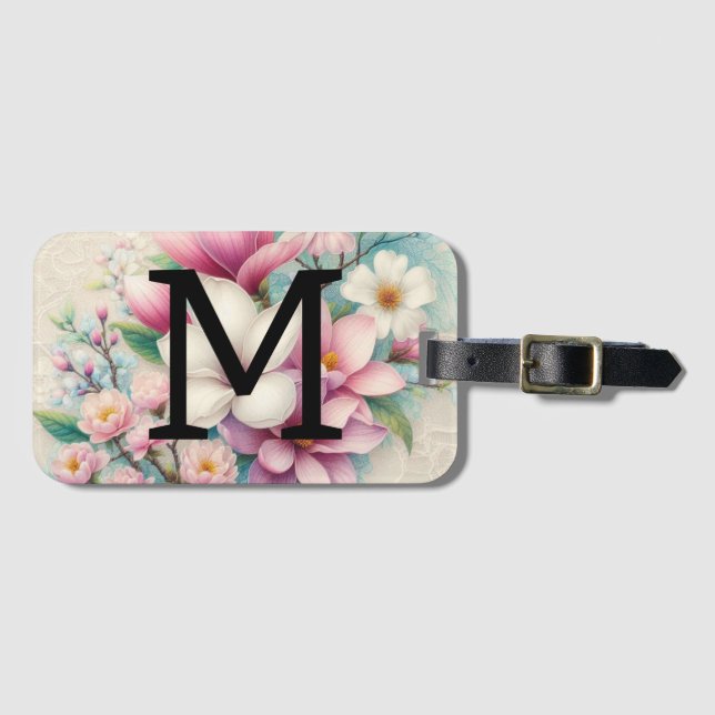 Monogram lace pink purple magnolias flowers  luggage tag (Front Horizontal)