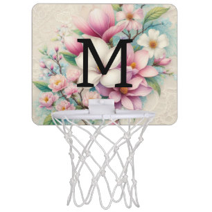 Monogram lace pink purple magnolias flowers mini basketball hoop