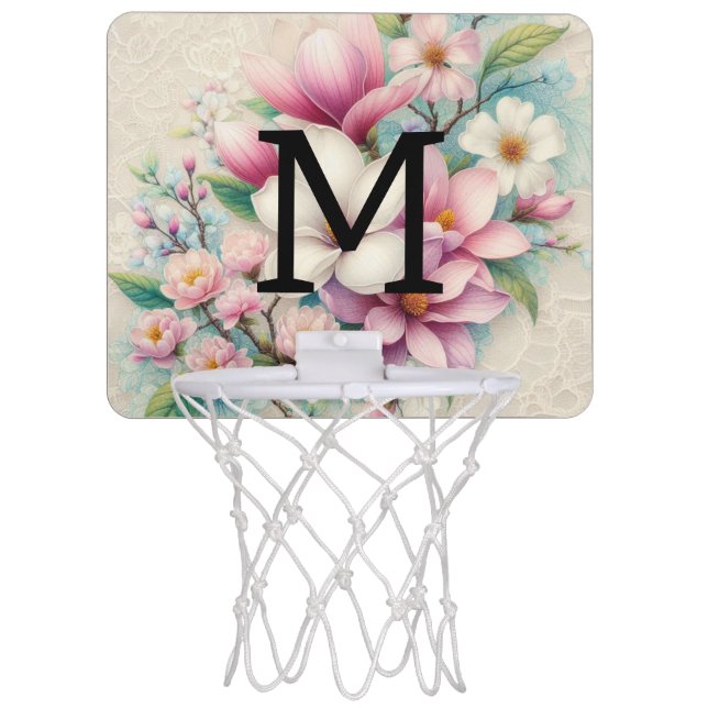 Monogram lace pink purple magnolias flowers  mini basketball hoop (Front)