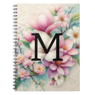 Monogram lace pink purple magnolias flowers  notebook