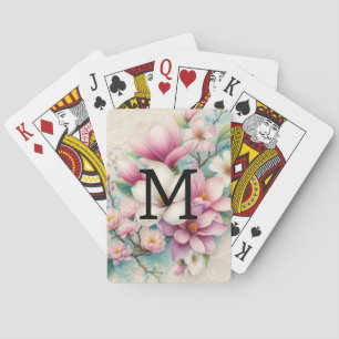 Monogram lace pink purple magnolias flowers poker cards