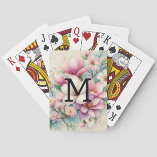 Monogram lace pink purple magnolias flowers poker cards