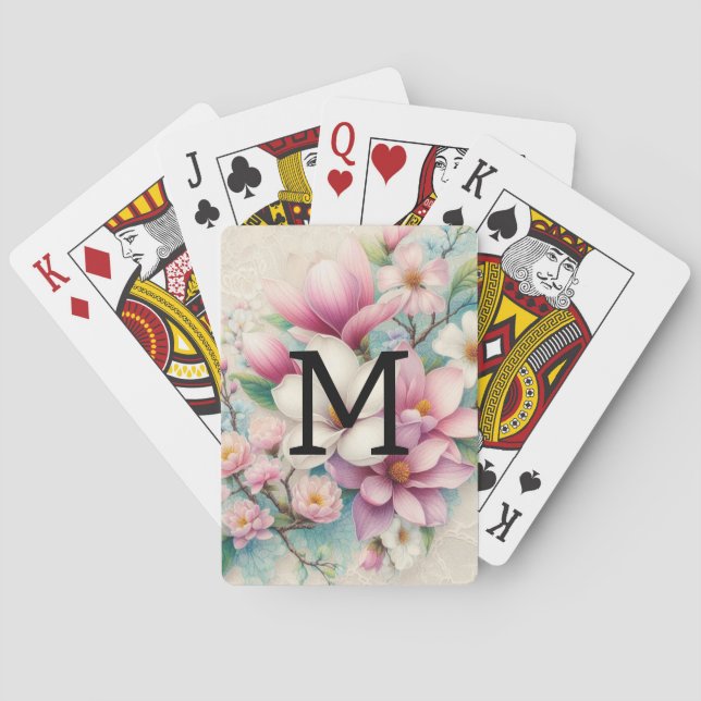 Monogram lace pink purple magnolias flowers  poker cards (Back)