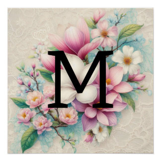 Monogram lace pink purple magnolias flowers  poster
