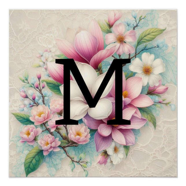 Monogram lace pink purple magnolias flowers  poster (Front)
