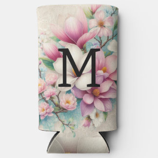Monogram lace pink purple magnolias flowers seltzer can cooler
