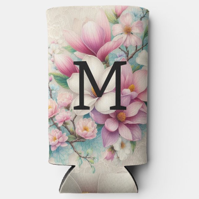 Monogram lace pink purple magnolias flowers  seltzer can cooler (Front)