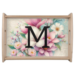Monogram lace pink purple magnolias flowers serving tray