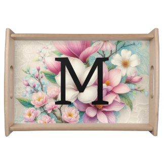 Monogram lace pink purple magnolias flowers  serving tray