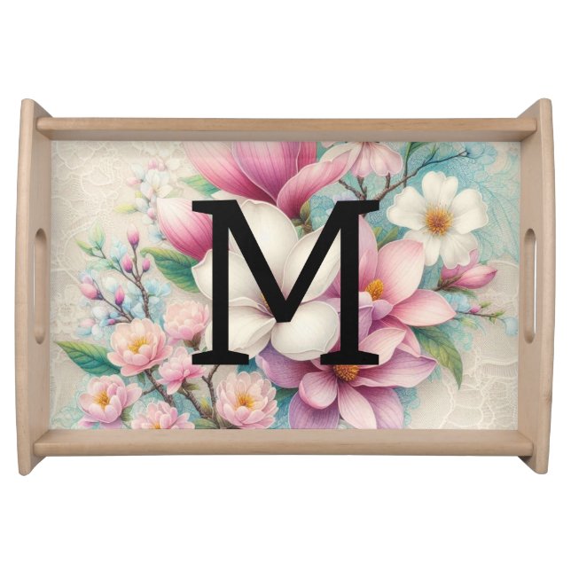 Monogram lace pink purple magnolias flowers  serving tray (Front)