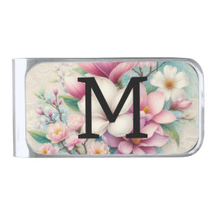 Monogram lace pink purple magnolias flowers silver finish money clip