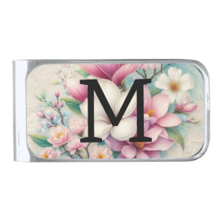 Monogram lace pink purple magnolias flowers  silver finish money clip