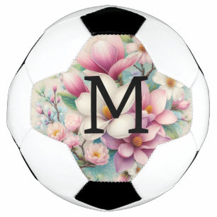 Monogram lace pink purple magnolias flowers soccer ball