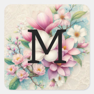 Monogram lace pink purple magnolias flowers  square sticker