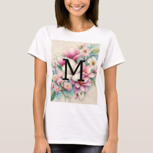 Monogram lace pink purple magnolias flowers T-Shirt