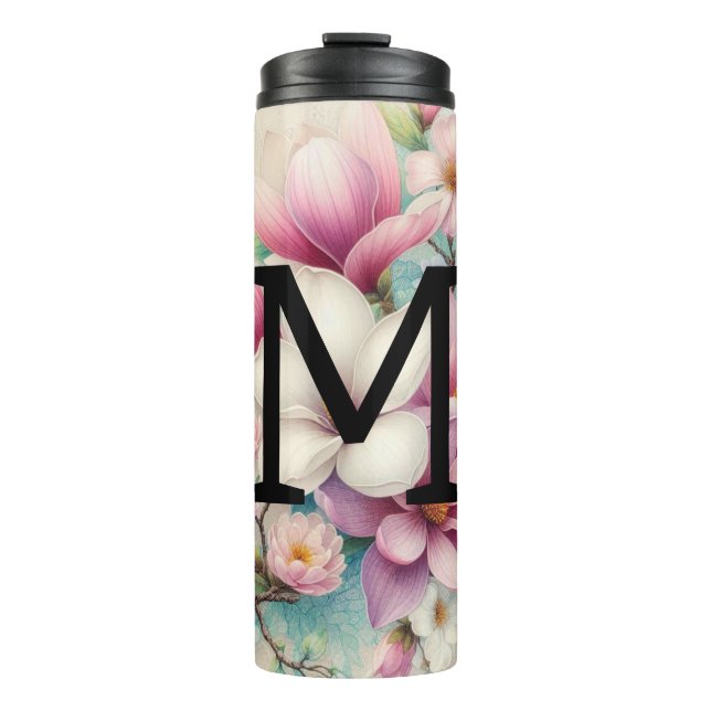Monogram lace pink purple magnolias flowers  thermal tumbler (Front)