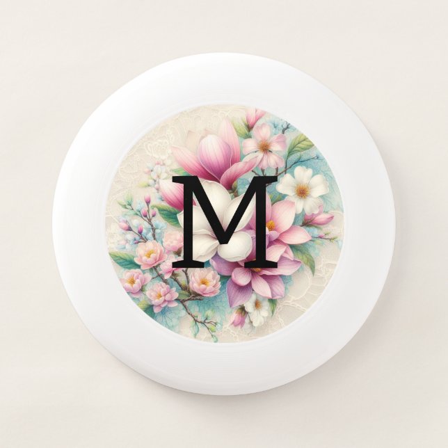 Monogram lace pink purple magnolias flowers  Wham-O frisbee (Front)