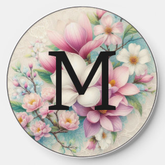 Monogram lace pink purple magnolias flowers wireless charger