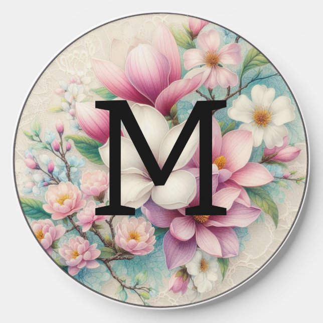 Monogram lace pink purple magnolias flowers  wireless charger  (Front)