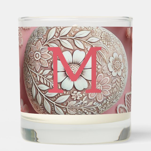 Monogram lace pink white floral Easter egg  Scented Candle (Front)