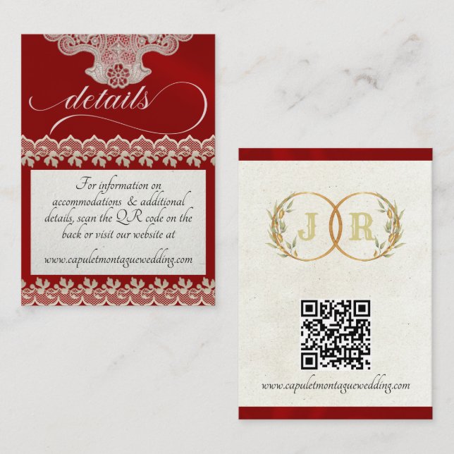 Monogram, Lace & QR Code - Red Enclosure Card (Front/Back)