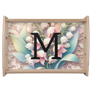 Monogram lace white lilies of the valley flowers  serving tray