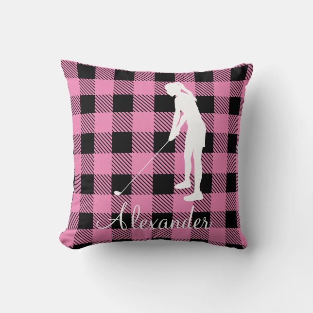 Monogram Lady Golfer Silhouette black pink plaid   Throw Pillow (Front)