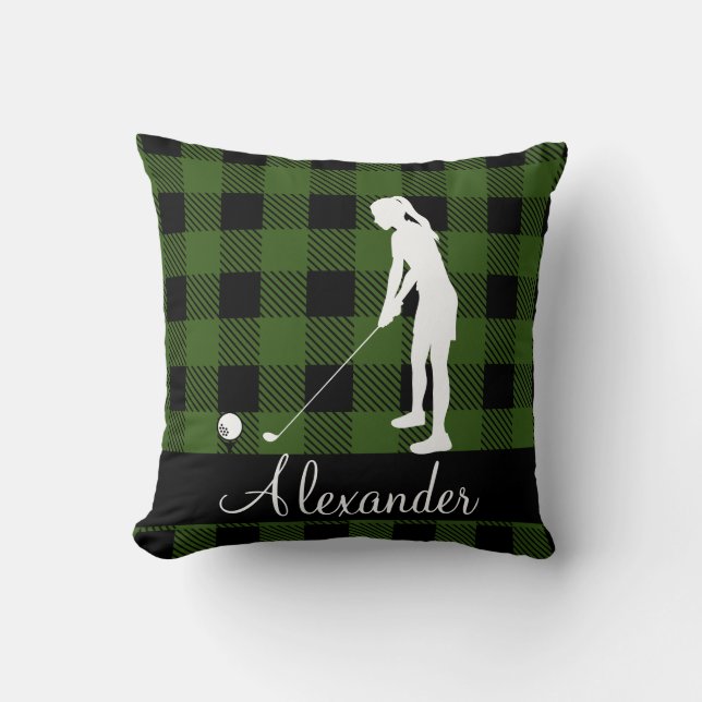 Monogram Lady Golfer Silhouette green black plaid Throw Pillow (Front)