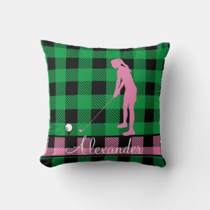 Monogram Lady Golfer Silhouette pink  black  plaid Throw Pillow
