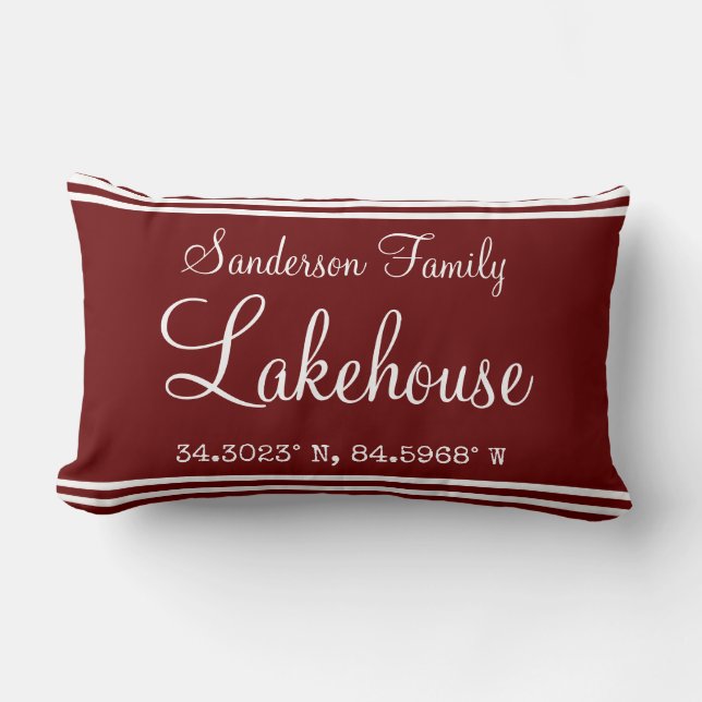 Monogram Lakehouse Family name map coordinates Lumbar Pillow (Front)