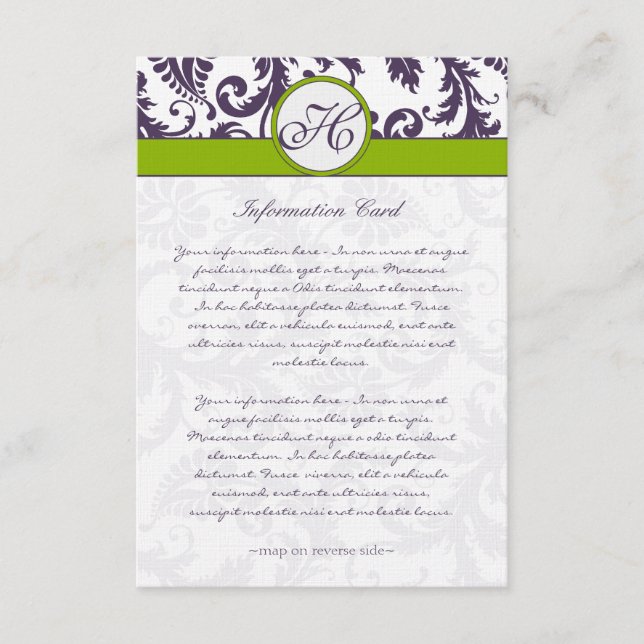 Monogram Lapis Purple Damask Information Card (Front)