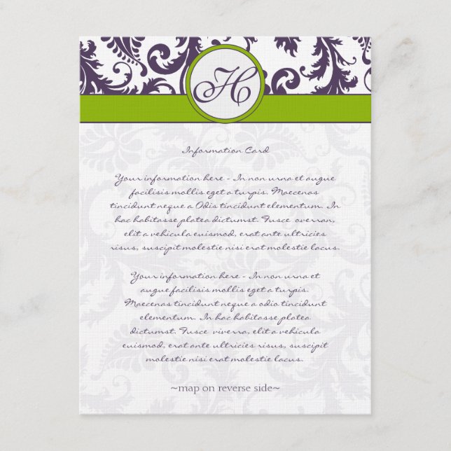 Monogram Lapis Purple Damask Information Card (Front)