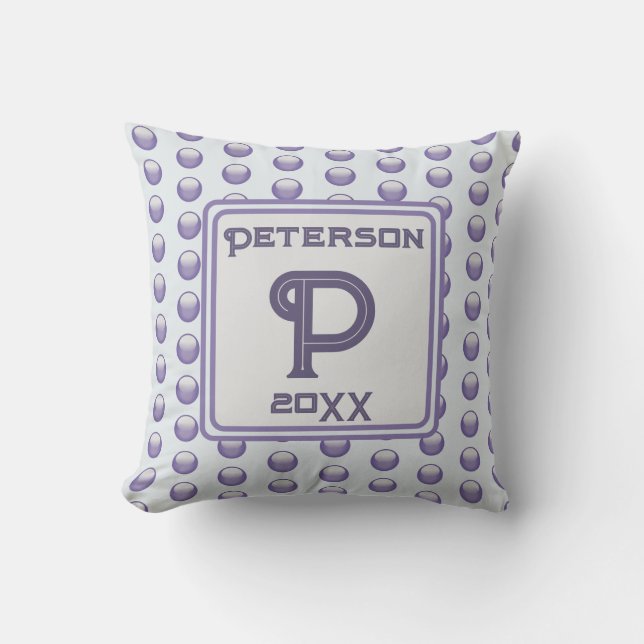 Monogram Last Name Blue Gray Polka Dot Initial Throw Pillow (Front)