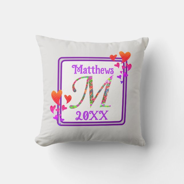 Monogram Last Name Colorful Hearts Initial Throw Pillow (Front)