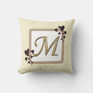 Monogram Last Name Gold Initial Hearts Keepsake Throw Pillow