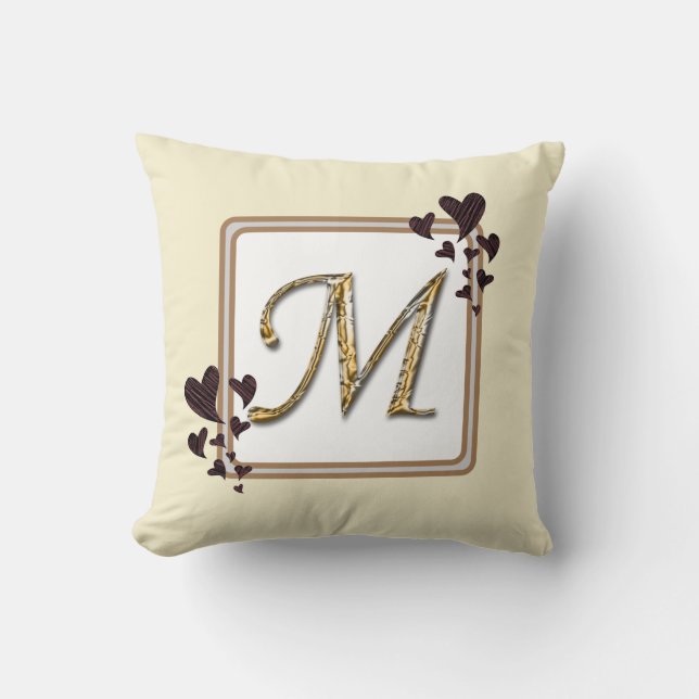 Monogram Last Name Gold Initial Hearts Keepsake Throw Pillow (Front)
