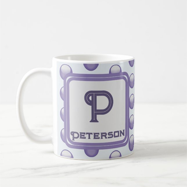 Monogram Last Name Initial Blue Gray Polka Dot Coffee Mug (Left)