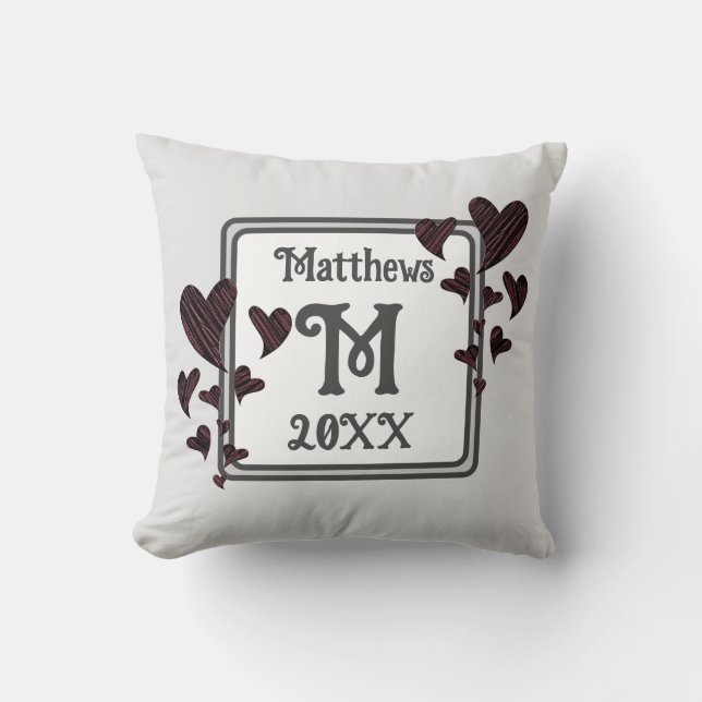 Monogram Last Name Initial Red Hearts Keepsake Throw Pillow (Front)