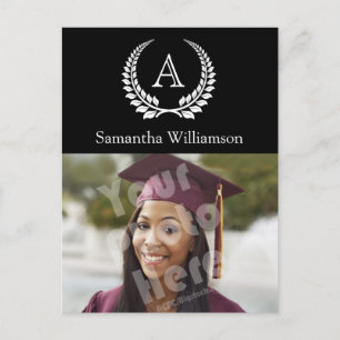 Monogram Laurel Black/White Announcement Postcard