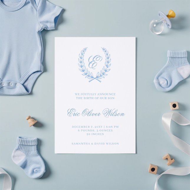 Monogram Laurel Blue Baby Boy Birth Announcement (Monogram Laurel Blue Baby Boy Birth Announcement)