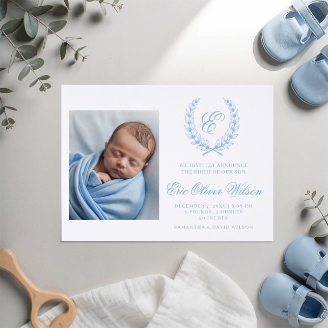 Monogram Laurel Blue Photo Boy Birth Announcement (Monogram Laurel Blue Photo Boy Birth Announcement)