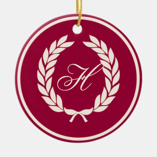 Monogram Laurel Leaf Wreath Ceramic Ornament (Front)