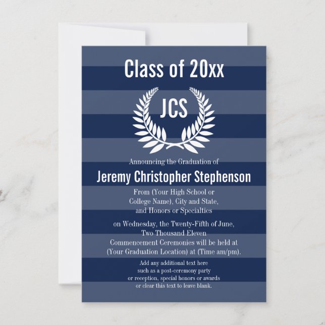 Monogram Laurel Masculine Blue Graduation Invitation (Front)