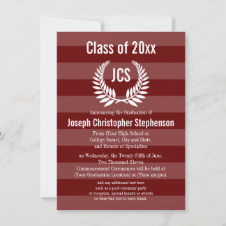 Monogram Laurel Masculine Red Maroon Graduation Invitation