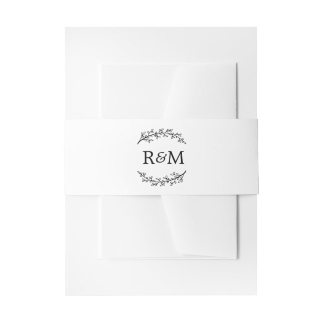 Monogram Laurel Olive Branches White Black Wedding Invitation Belly Band (Front Example)
