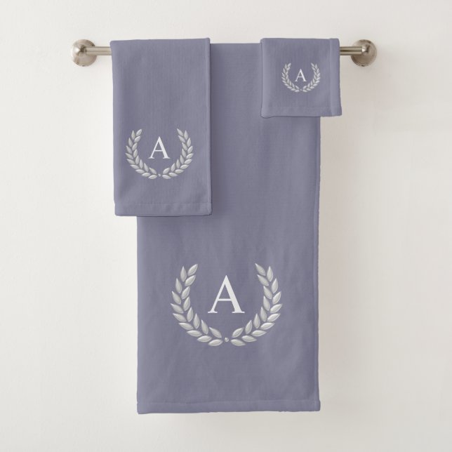 Monogram & Laurel on Roman Silver Gray Bath Towel Set (Insitu)