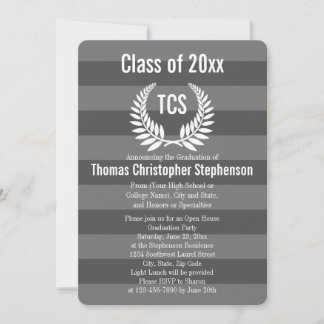 Monogram Laurel Stripe Gray Graduation Party Invitation
