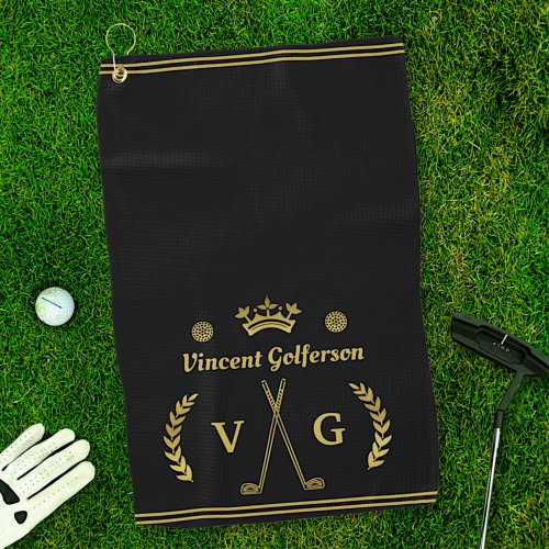 Monogram Laurel Wreath Clubs Crown with Name Gold Golf Towel